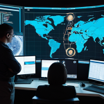 **Prompt:** A diverse team of cybersecurity analysts from around the world working collaboratively in a high-tech global Security Operations Center (SOC). Large holographic screens display real-time global threat intelligence maps, interconnected networks, and complex data visualizations of active cyberattacks. The atmosphere is dynamic and focused, emphasizing international collaboration in combating widespread digital threats.