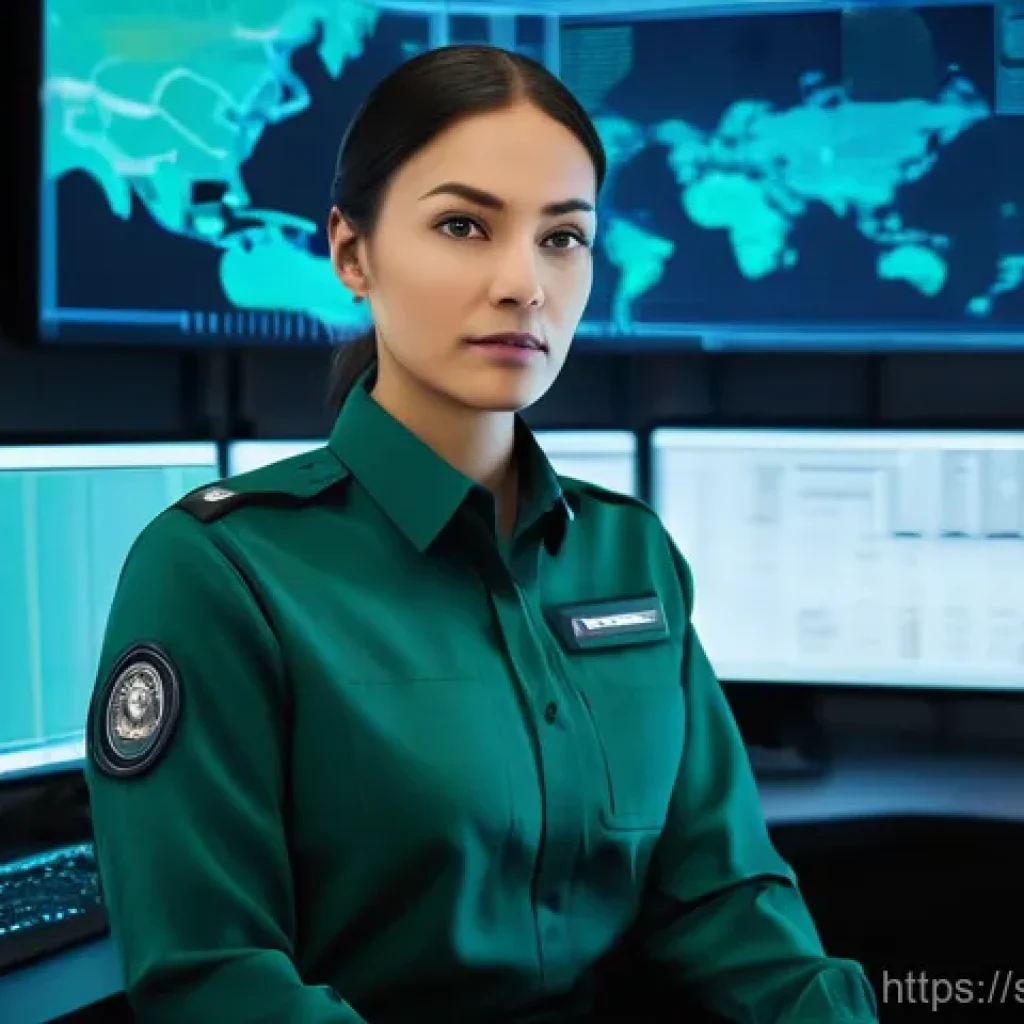 보안관제센터 이력서 작성법 - A highly detailed, realistic image of a female security control center operator, mid-30s, with a cal...