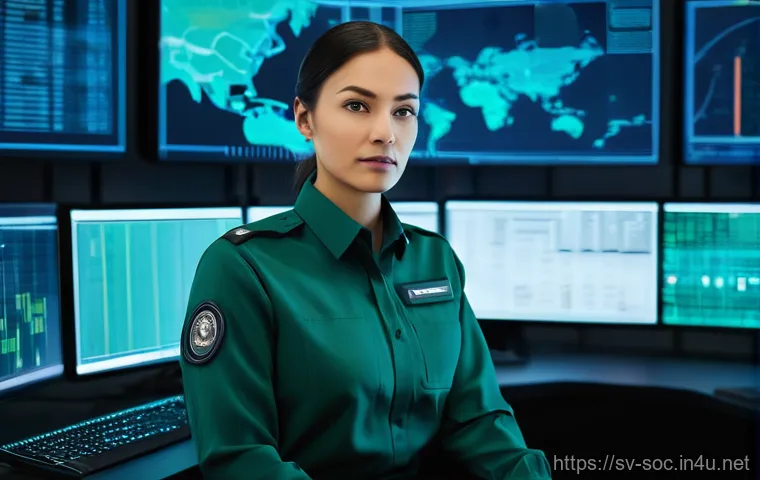 보안관제센터 이력서 작성법 - A highly detailed, realistic image of a female security control center operator, mid-30s, with a cal...