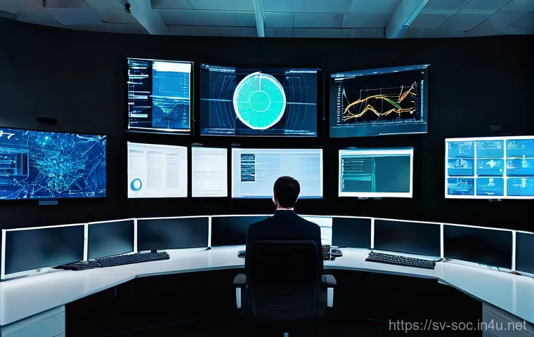 보안관제센터와 SOC 차이점 - **Prompt:** A split image contrasting two cybersecurity scenarios. On the left, a single, static sur...