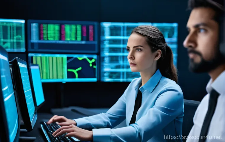 보안관제센터와 SOC 차이점 - **Prompt:** A split image contrasting two cybersecurity scenarios. On the left, a single, static sur...
