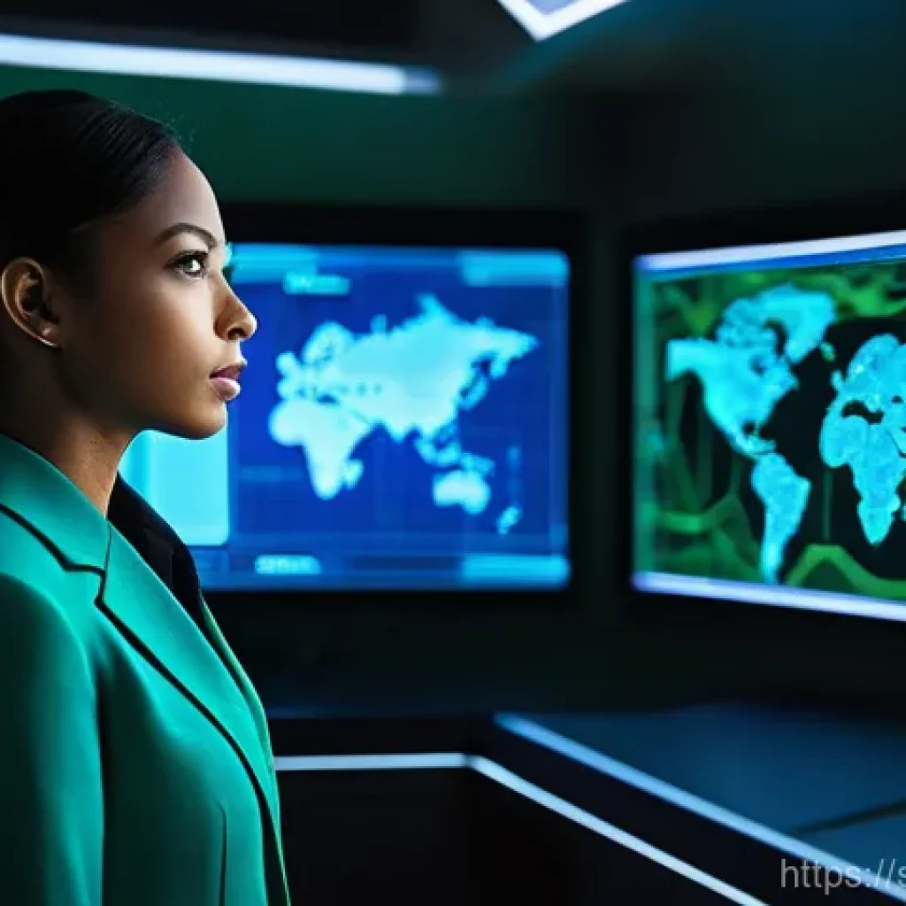 보안관제센터와 위협 사냥 Threat Hunting - "A cybersecurity analyst, dressed in professional business attire, stands in a sophisticated, dimly ...