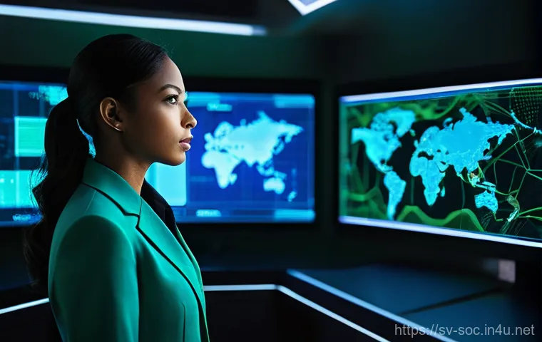 보안관제센터와 위협 사냥 Threat Hunting - "A cybersecurity analyst, dressed in professional business attire, stands in a sophisticated, dimly ...