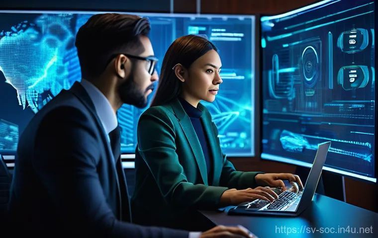 보안관제센터와 위협 사냥 Threat Hunting - "A cybersecurity analyst, dressed in professional business attire, stands in a sophisticated, dimly ...