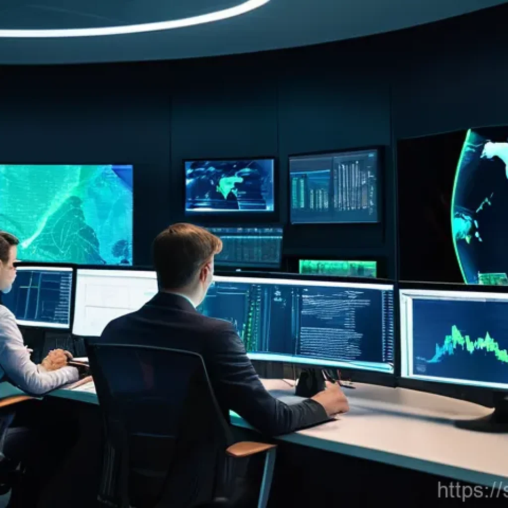 보안관제센터 인턴십 경험 후기 - "A diverse group of cybersecurity analysts, dressed in smart-casual business attire, intensely focus...