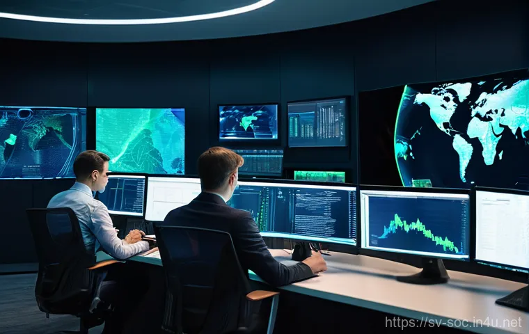 보안관제센터 인턴십 경험 후기 - "A diverse group of cybersecurity analysts, dressed in smart-casual business attire, intensely focus...