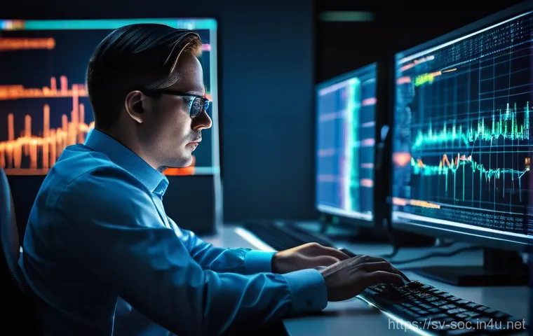 보안관제센터 인턴십 경험 후기 - "A diverse group of cybersecurity analysts, dressed in smart-casual business attire, intensely focus...