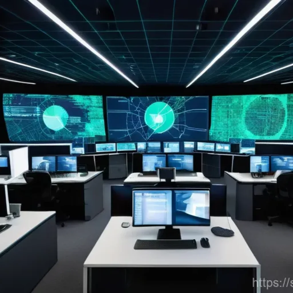 보안관제센터 인시던트 대응 과정 - **Prompt:** A high-angle, futuristic shot of a bustling Security Operations Center (SOC) in Stockhol...
