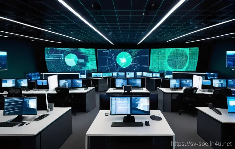 보안관제센터 인시던트 대응 과정 - **Prompt:** A high-angle, futuristic shot of a bustling Security Operations Center (SOC) in Stockhol...