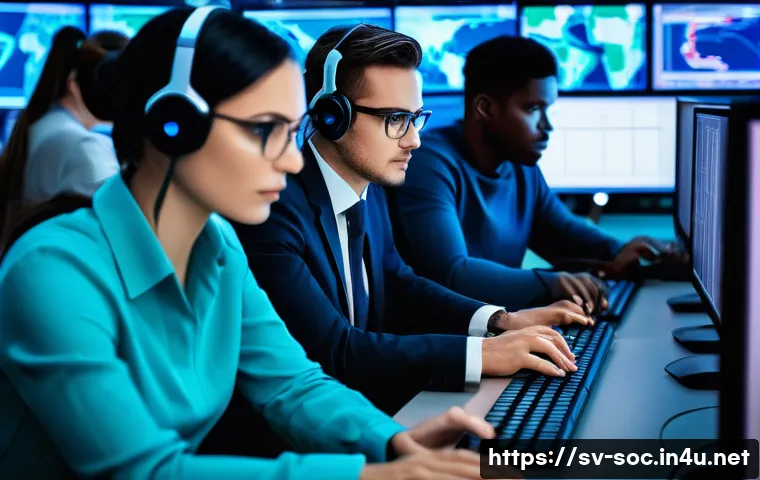 보안관제센터로의 전환 경로 - **Prompt 1: Modern SOC Team at Work**
    A diverse team of cybersecurity analysts, male and female,...