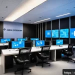 보안관제센터에서 배울 수 있는 것들 - A high-tech Security Operations Center (SOC) room in Stockholm, Sweden, featuring multiple large dig...