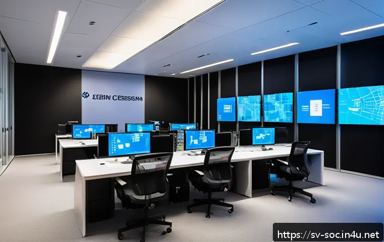 보안관제센터에서 배울 수 있는 것들 - A high-tech Security Operations Center (SOC) room in Stockholm, Sweden, featuring multiple large dig...