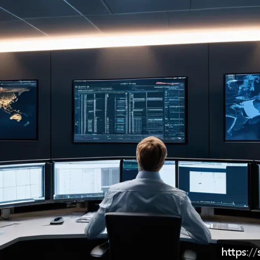 보안관제 근무 환경 리얼 후기 - A high-tech cybersecurity control room in Sweden during a night shift, dimly lit with multiple large...