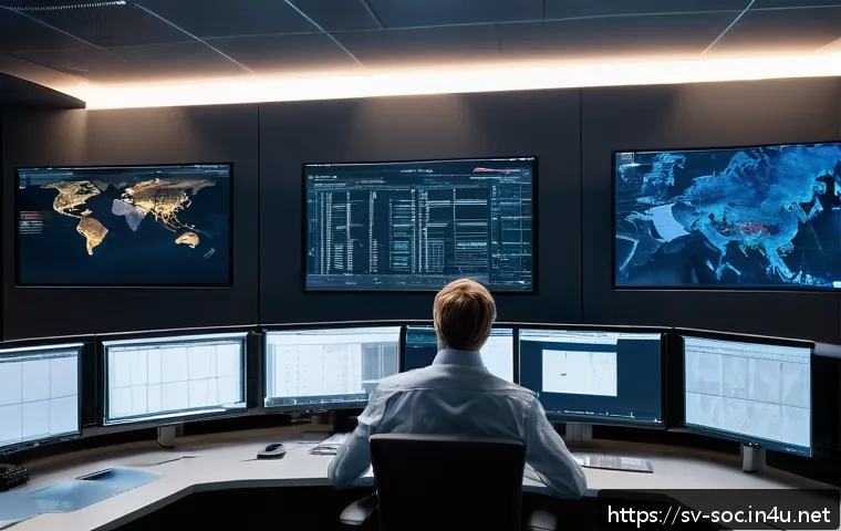 보안관제 근무 환경 리얼 후기 - A high-tech cybersecurity control room in Sweden during a night shift, dimly lit with multiple large...