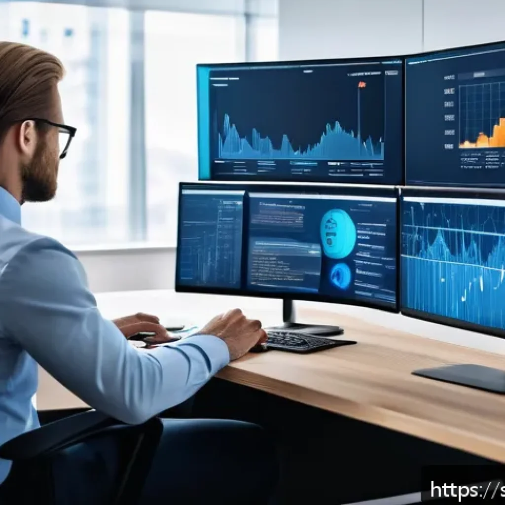 보안관제 전문가를 위한 기술 블로그 시작하기 - A professional cybersecurity analyst monitoring multiple high-resolution screens in a modern Scandin...