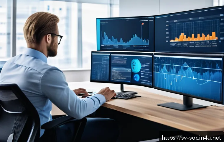 보안관제 전문가를 위한 기술 블로그 시작하기 - A professional cybersecurity analyst monitoring multiple high-resolution screens in a modern Scandin...