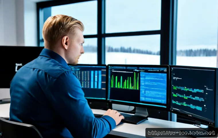 Home 17 보안관제센터 실무에 필요한 스크립팅 언어 - Photorealistic cybersecurity operations center in Sweden, a focused security analyst at a clean desk...