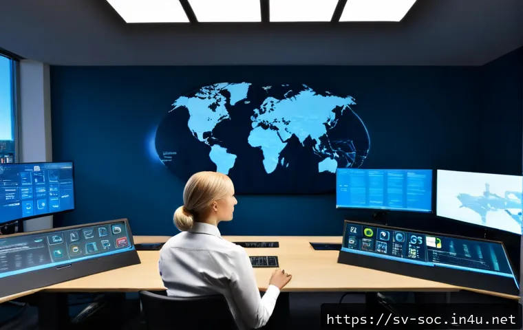 보안관제센터 직무와 법률적 이해 - Photorealistic Swedish security operations center, a focused cybersecurity analyst monitoring severa...