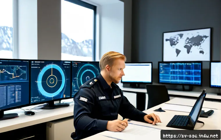 보안관제센터 주요 중점 과목 - Photorealistic Swedish security operations center training scene, a focused adult analyst in a moder...